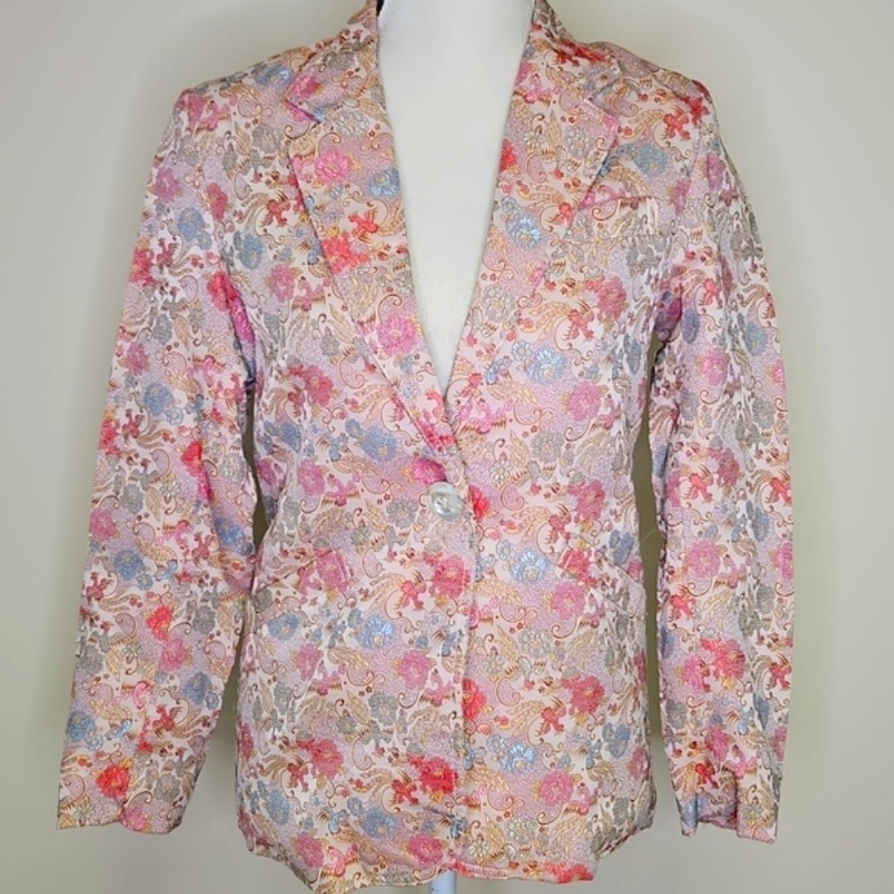 Dino Ricco Blazer Single Button Brocade Of Light Pinks And Pale Blue Small Vtg